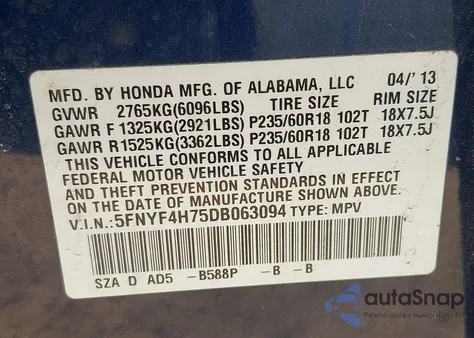 2013 Honda Pilot Ex-L z USA, uszkodzony, nr VIN 5FNYF4H75DB063094